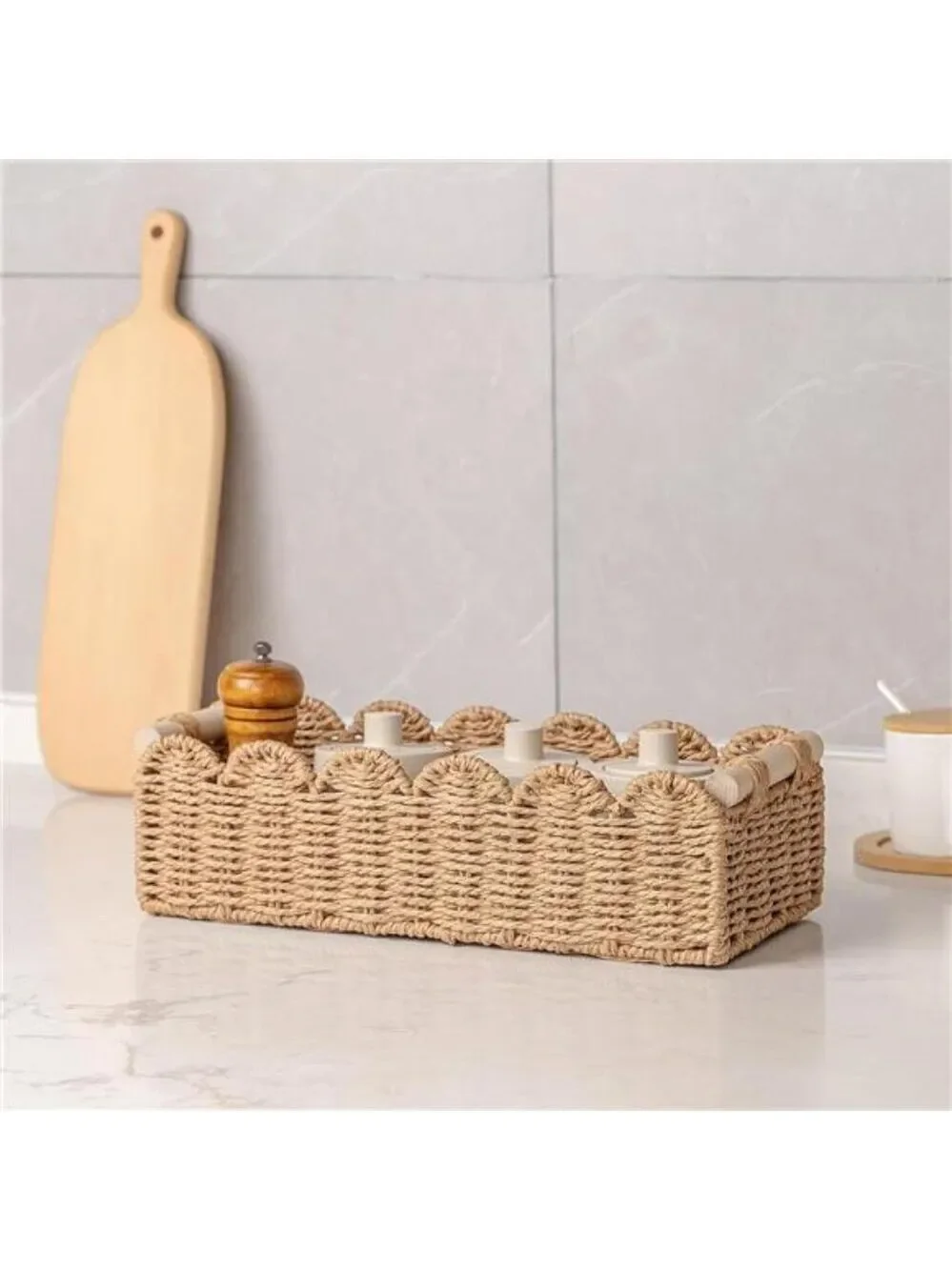 Neutral scalloped edge storage basket small woven bin for bathroom decor